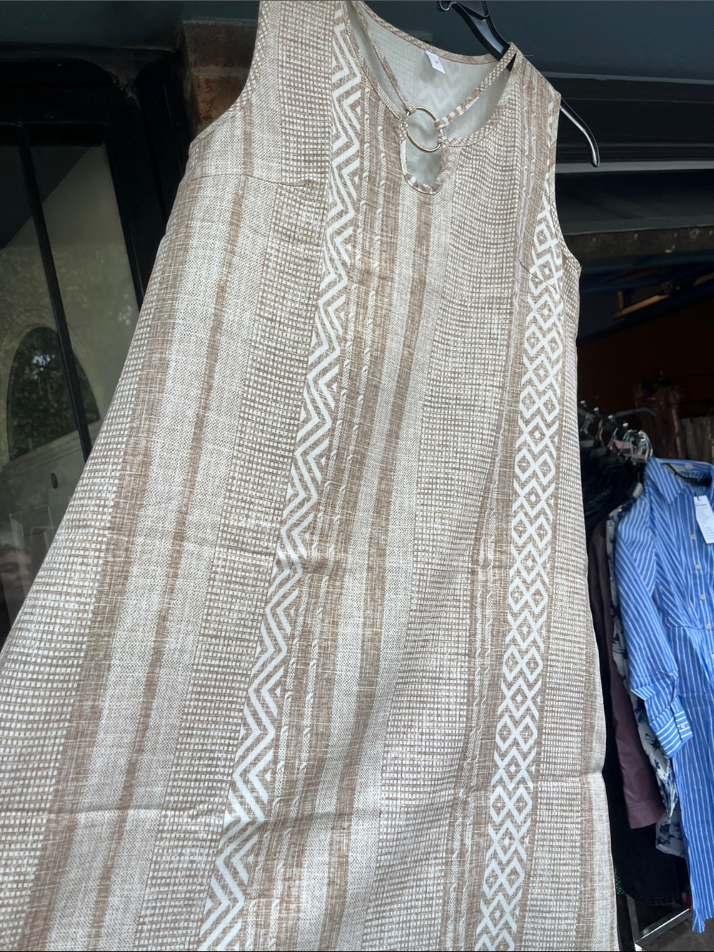 Sleeveless Beige Striped Shift Dress